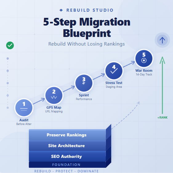 5-step website redesign SEO blueprint showing how to rebuild a digital structure without losing foundation using audit, URL mapping, performance design, testing, and post-launch optimization