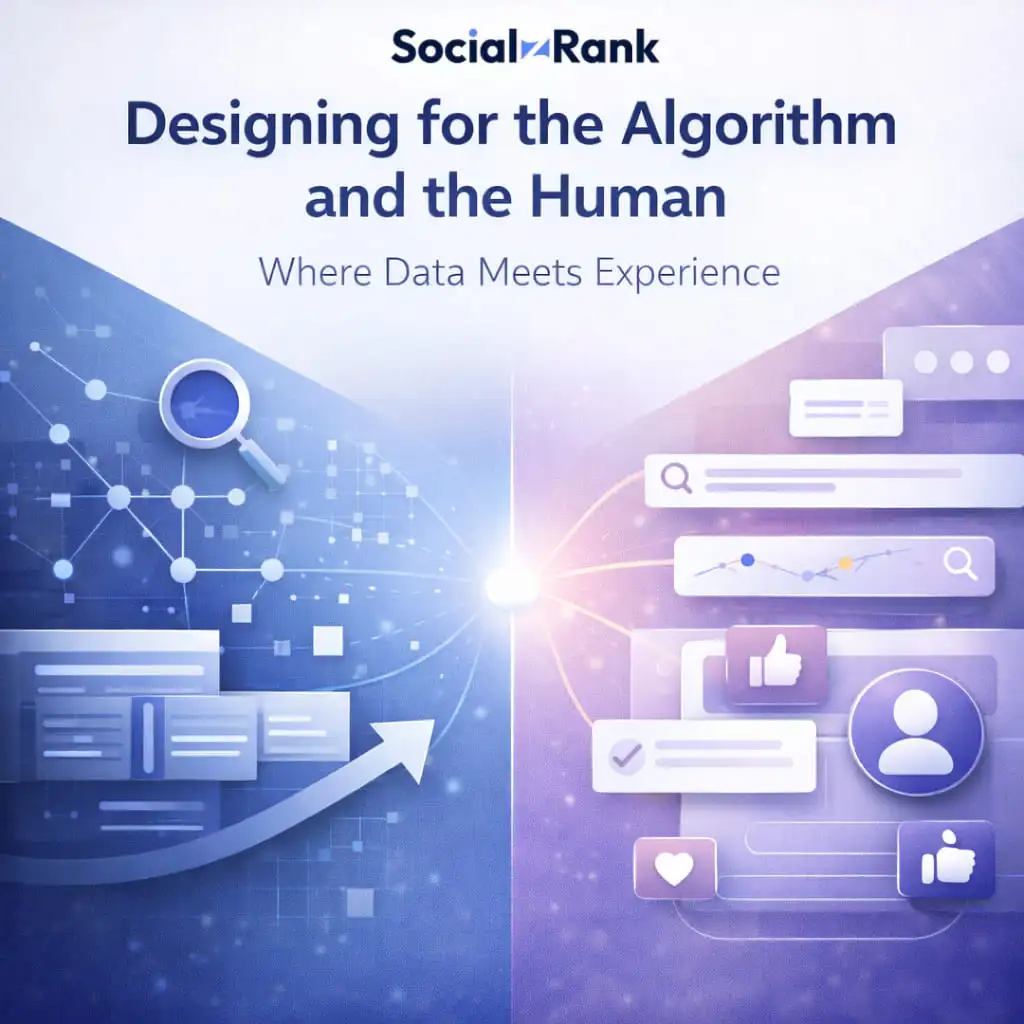 Designing for the algorithm and the human in website redesign SEO showing a balance between data-driven structure and user experience with optimization flow