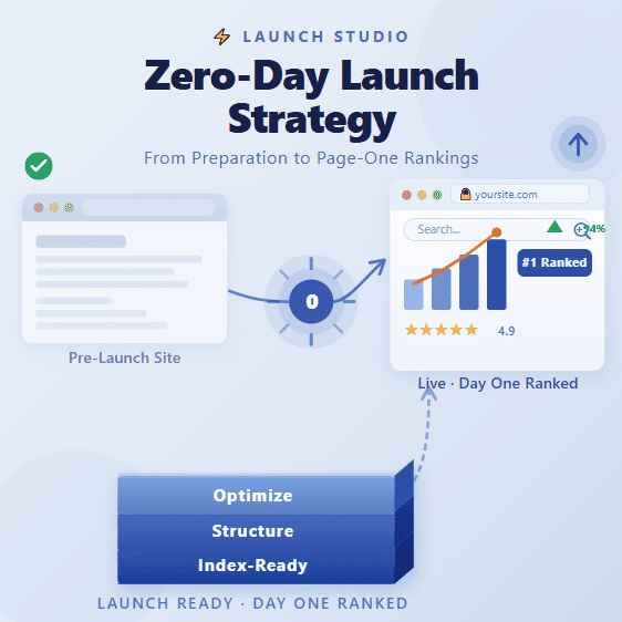 Zero-Day launch strategy in website redesign SEO showing instant website activation with pre-optimized structure and rapid search ranking signals