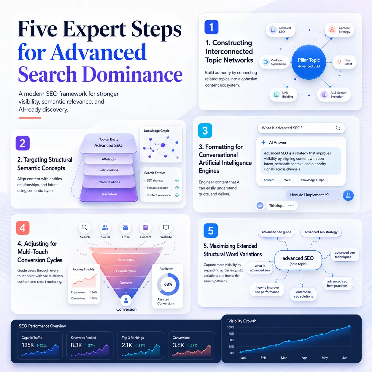 Five Expert Steps for Advanced Search Dominance infographic showing keyword research for a small business with topic networks, semantic SEO, AI search formatting, conversion funnel, keyword variations, and SEO performance charts.