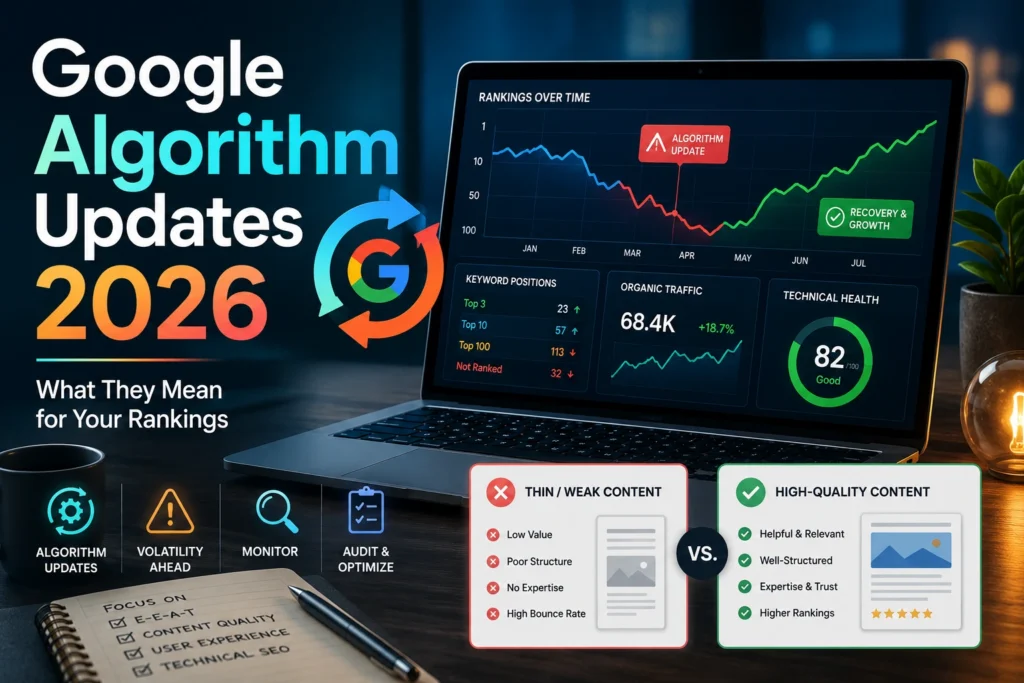 Featured Image: Google Algorithm Updates 2026, SEO Dashboard, Ranking Graph, Thin Content Vs. High-Quality Content Comparison