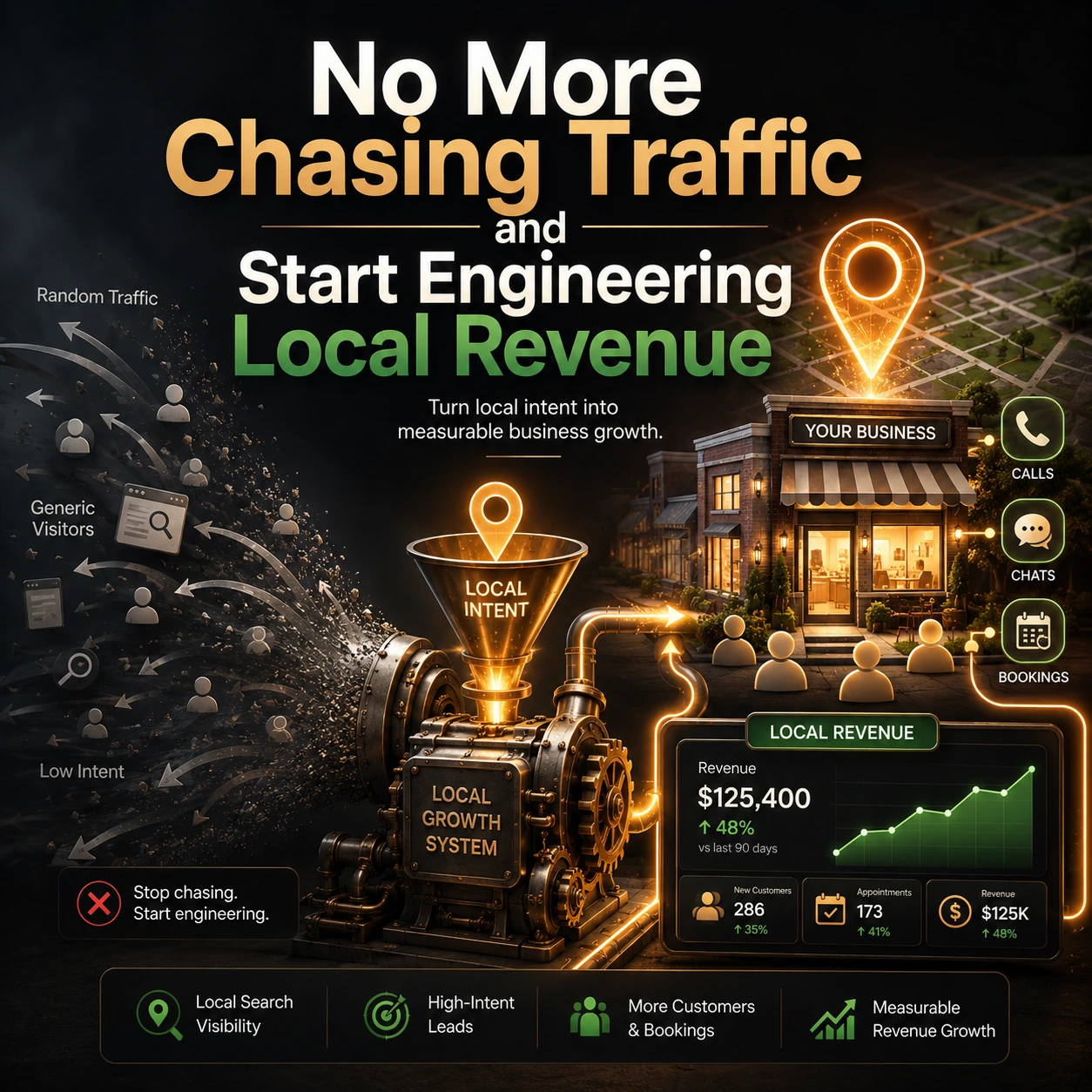 No More Chasing Traffic and Start Engineering Local Revenue featured image for keyword research for a small business, showing local SEO, search intent, map targeting, leads, bookings, and revenue growth.