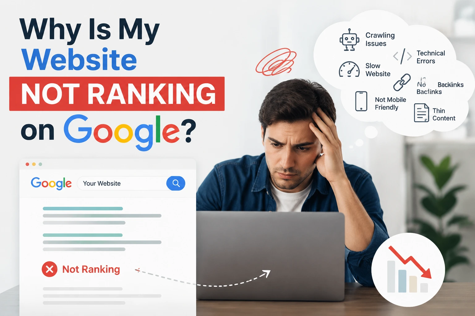 Frustrated business owner analyzing analytics dashboard showing decline in rankings, illustrating the keyword "My Website Not Ranking Google" with signs of SEO issues like crawling errors, slow website performance, and low visibility in search results.