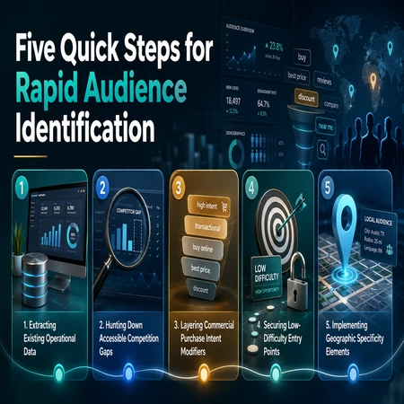 Five quick steps for rapid audience identification infographic showing keyword research for a small business, including operational data, competitor gaps, purchase intent, low-difficulty keywords, and local SEO targeting.