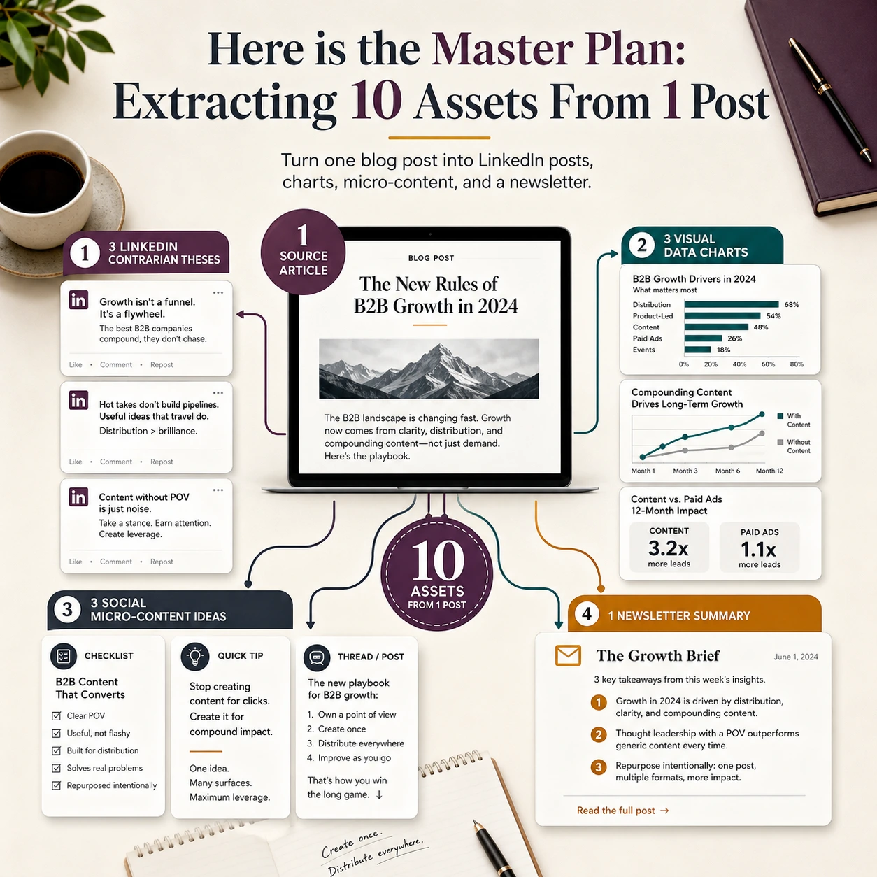 How to repurpose content by extracting 10 assets from one blog post, including LinkedIn posts, visual charts, social micro-content, and a newsletter summary.
