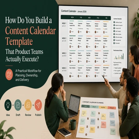 Content calendar template planning image showing a product marketing team reviewing a structured editorial calendar with workflow stages, task owners, deadlines, and publishing schedule.
