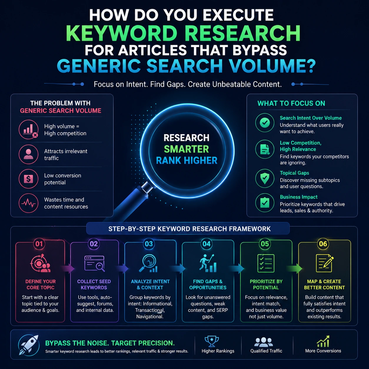 How to write SEO blog posts infographic illustrating an advanced keyword research framework that prioritizes search intent, topical gaps, and business value over generic search volume to improve organic rankings.