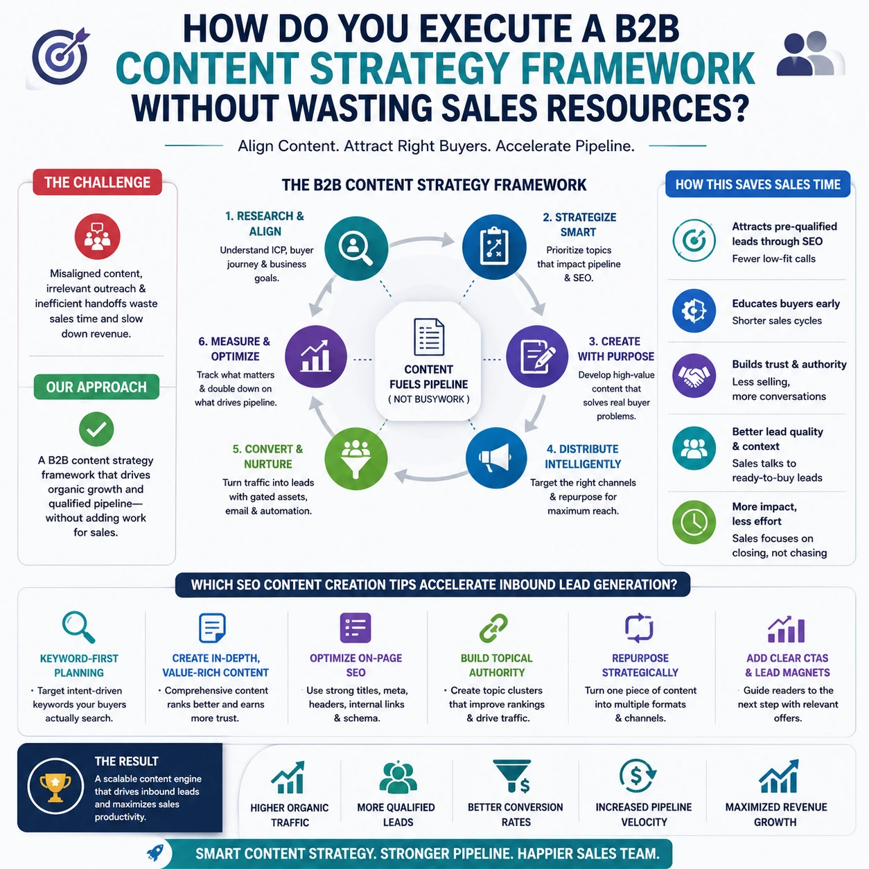 What Is Content Marketing infographic demonstrating a B2B content strategy framework that aligns SEO, content creation, and sales to generate qualified inbound leads without wasting sales resources.