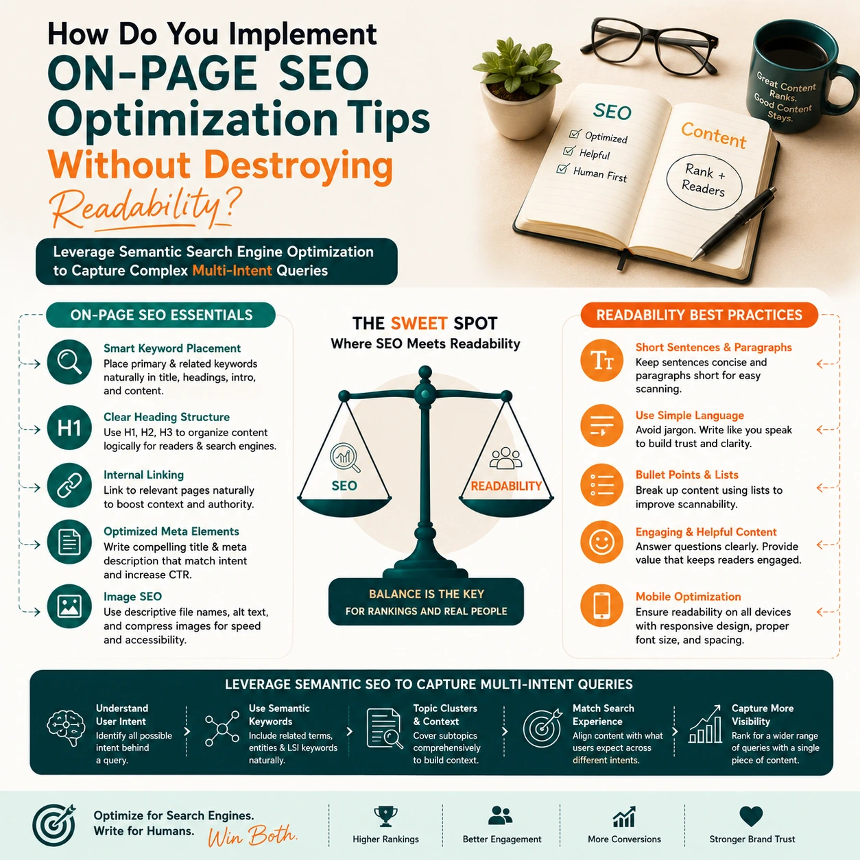 How to write SEO blog posts infographic explaining on-page SEO optimization techniques that improve search rankings while maintaining readability through semantic SEO, clear content structure, and user-focused writing.