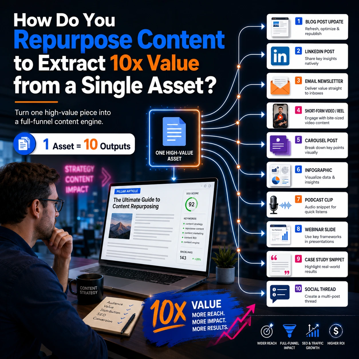 Content Marketing Strategy 2026 graphic showing one pillar asset repurposed into 10 content formats for higher reach, SEO growth, and ROI.