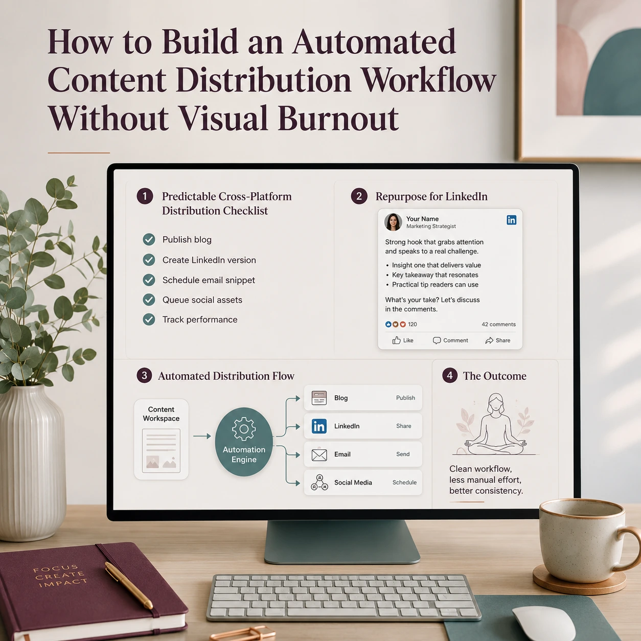 How to repurpose content with an automated distribution workflow, cross-platform checklist, LinkedIn adaptation, email scheduling, and social media publishing.