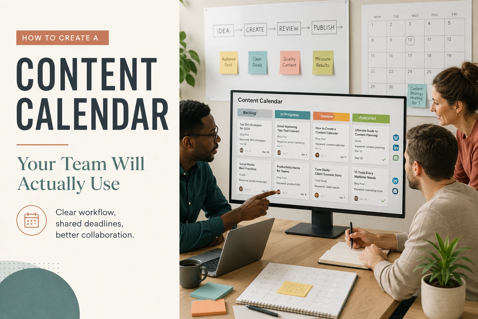Marketing team using a shared content calendar to manage ideas, production, review, publishing deadlines, and content collaboration.