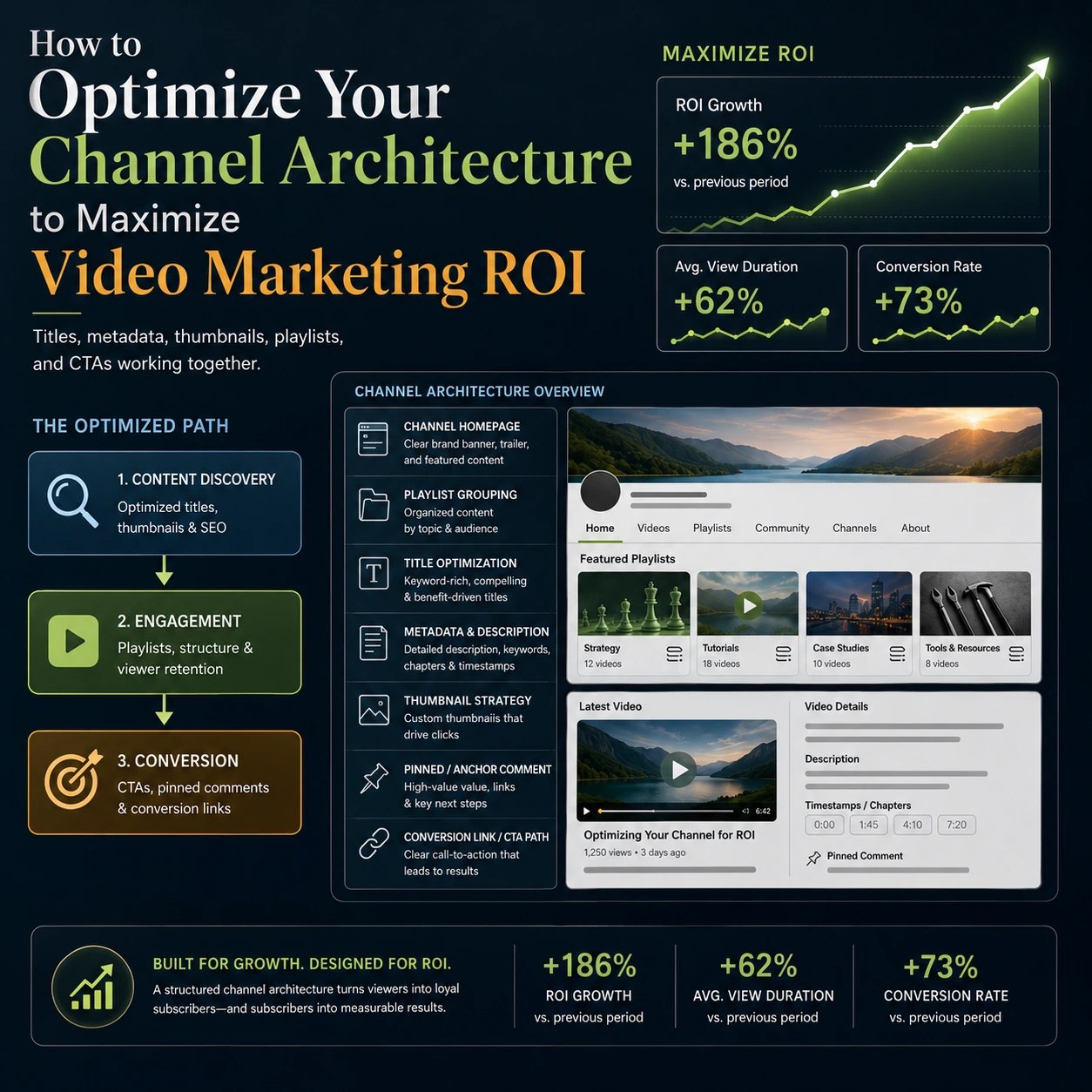 ouTube marketing for business infographic showing channel architecture, ROI growth, viewer retention, conversion rates, playlists, metadata, and CTA optimization.