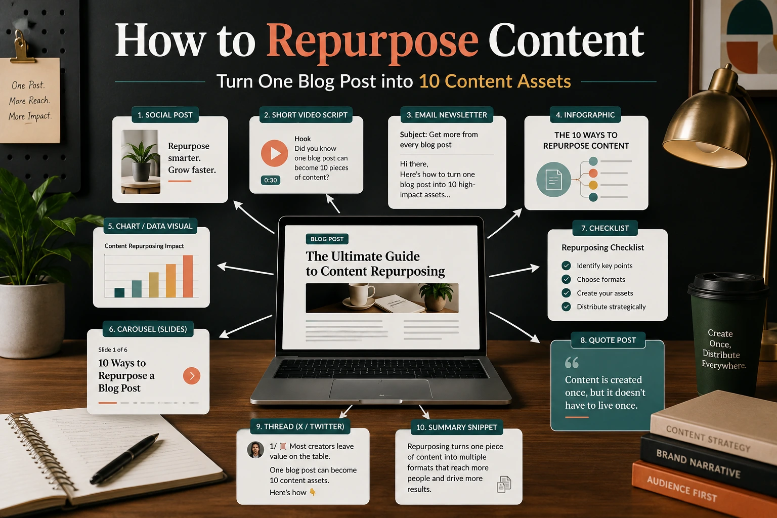How to repurpose content by turning one blog post into 10 assets, including social posts, videos, newsletters, infographics, charts, and checklists.