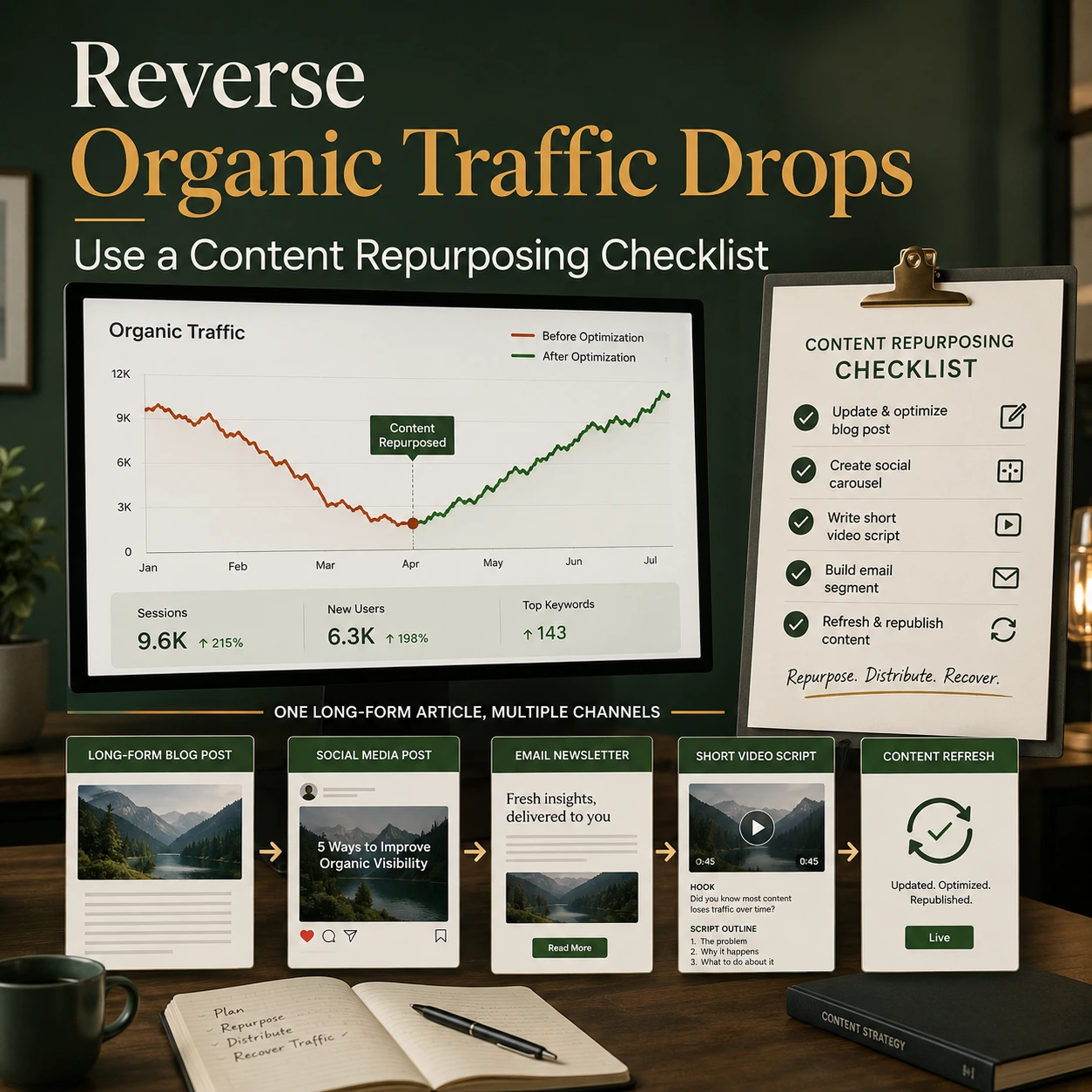 Content calendar template showing a repurposing checklist that turns an outdated blog post into social posts, email content, short videos, and refreshed pages to recover organic traffic.