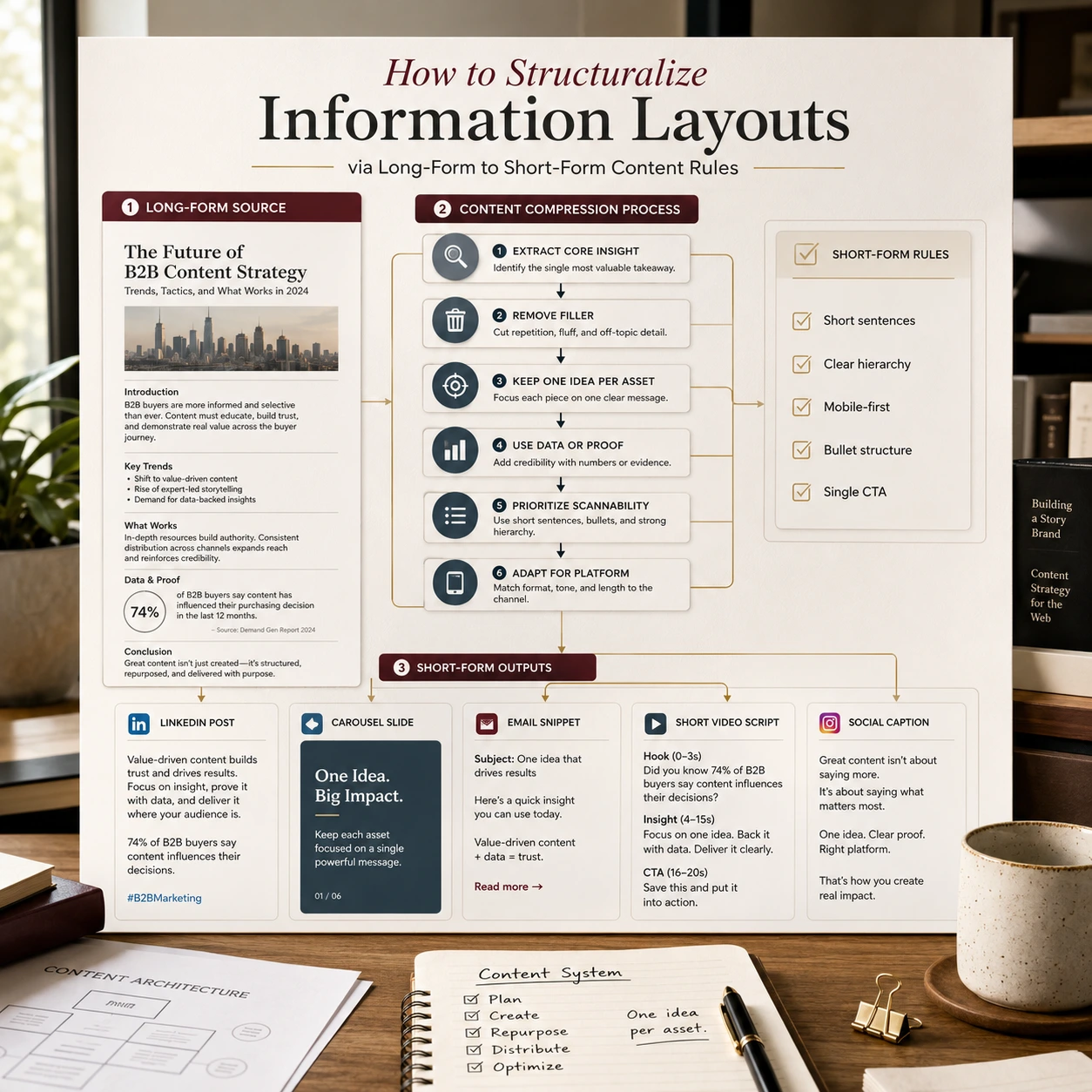 How to repurpose content by converting a long-form article into structured LinkedIn posts, carousel slides, email snippets, short videos, and social captions.
