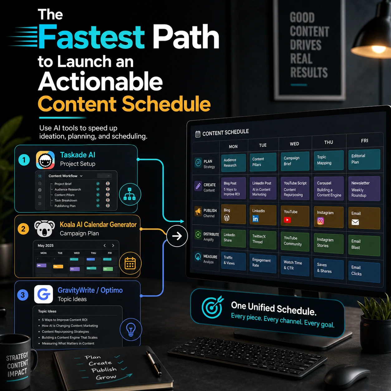 AI-powered content calendar template showing Taskade AI, Koala AI Calendar Generator, and GravityWrite / Optimo used to build a unified content schedule.