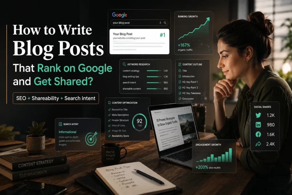 Professional featured image showing a content writer working at a laptop with SEO dashboards, keyword research, content outline, ranking growth, and social share metrics for a blog post about writing content that ranks on Google and gets shared.