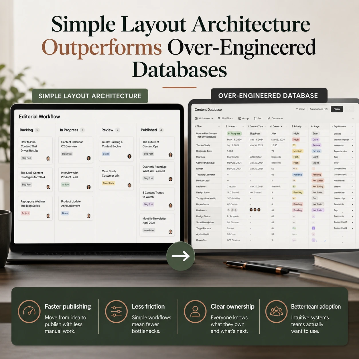 Content calendar template comparing a simple editorial workflow with an over-engineered database to improve publishing speed, ownership, and team adoption.