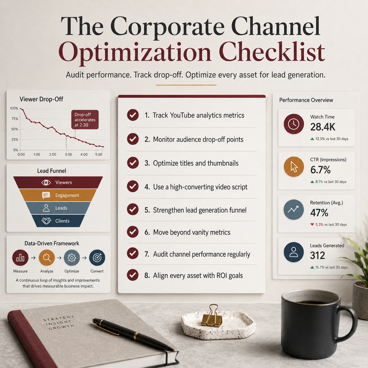 YouTube marketing for business checklist infographic showing channel optimization, audience drop-off tracking, lead funnel analysis, and performance metrics.
