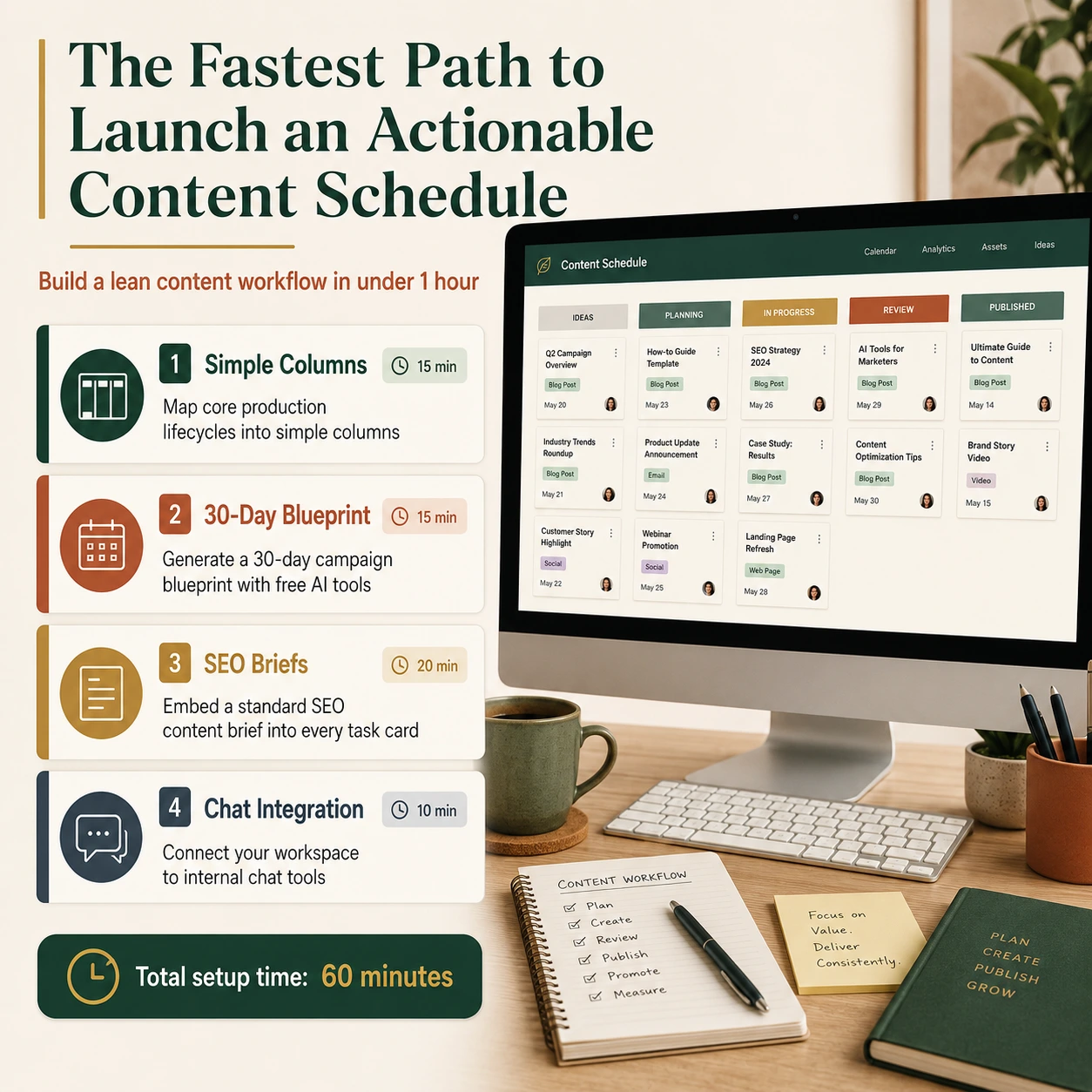 Content calendar template showing a 60-minute setup process with simple workflow columns, a 30-day AI campaign plan, SEO briefs, and chat integration.