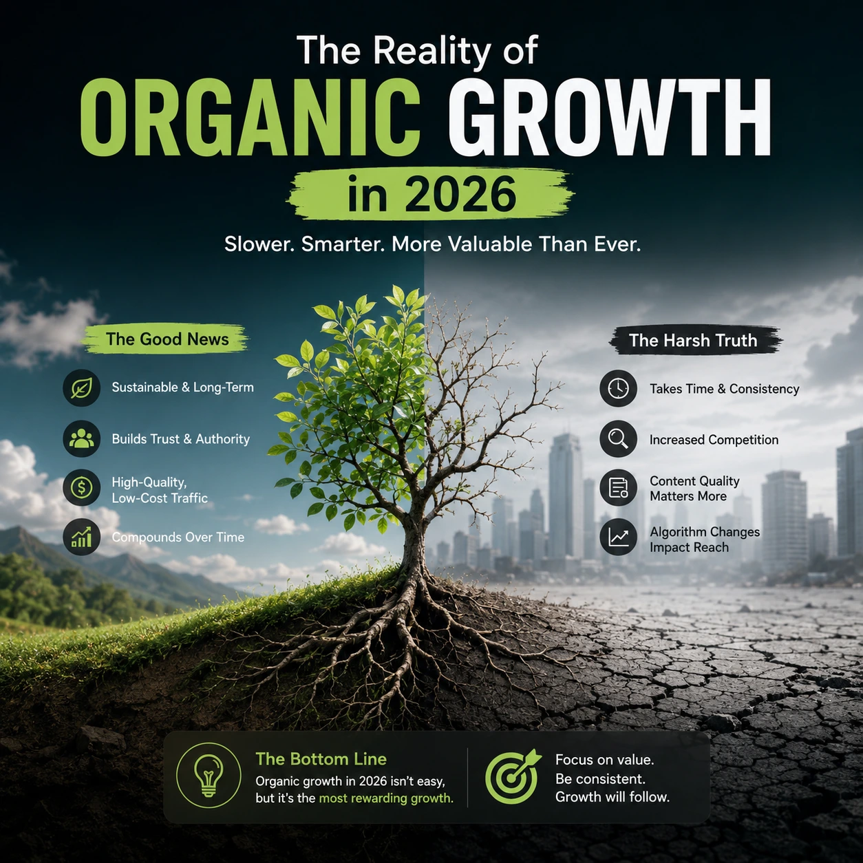 Content Marketing Strategy 2026 infographic showing the reality of organic growth with a thriving tree, SEO performance metrics, sustainable content, trust building, and long-term digital marketing success.