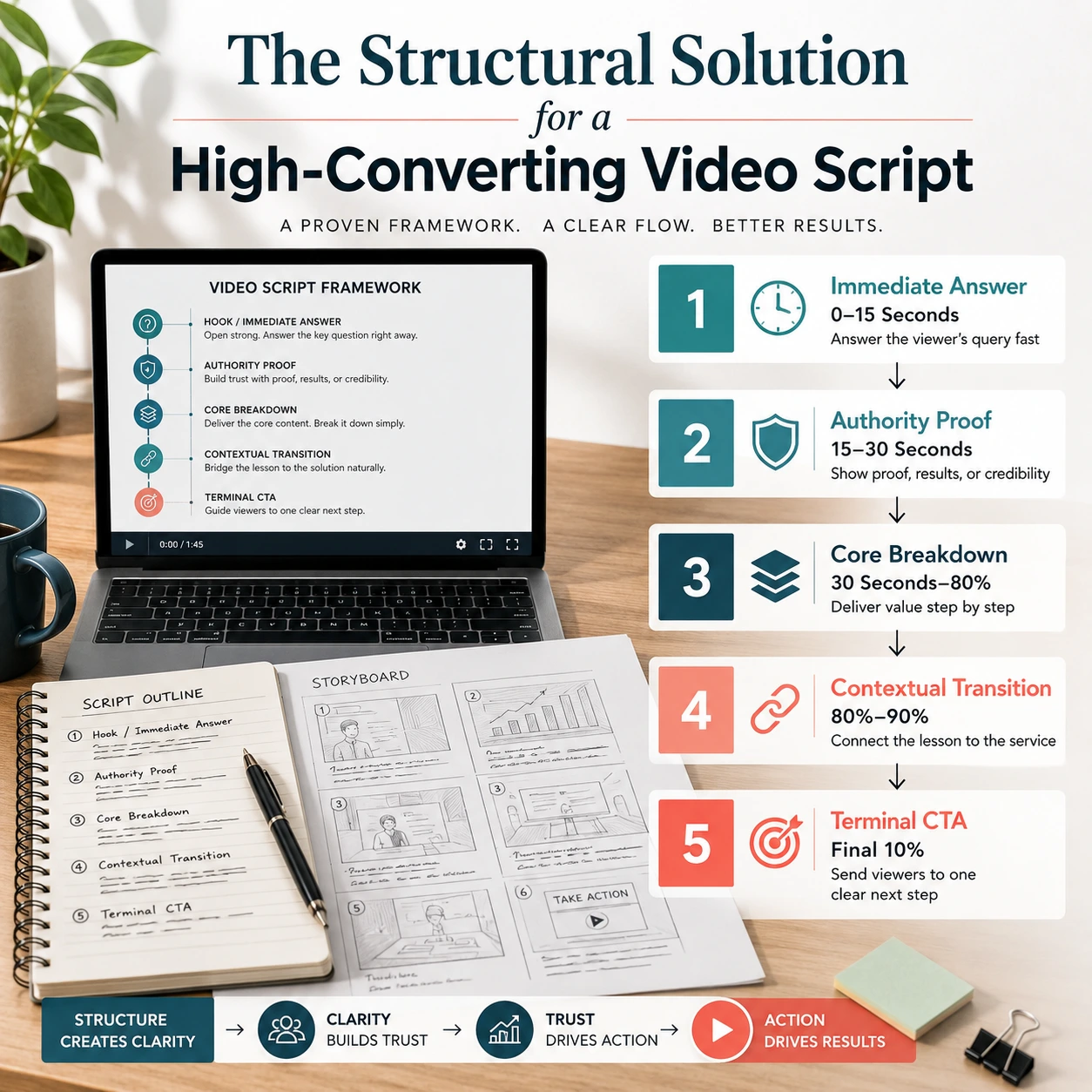 High-converting video script framework for YouTube marketing for business, showing hooks, authority proof, core content, transitions, and CTA stages.