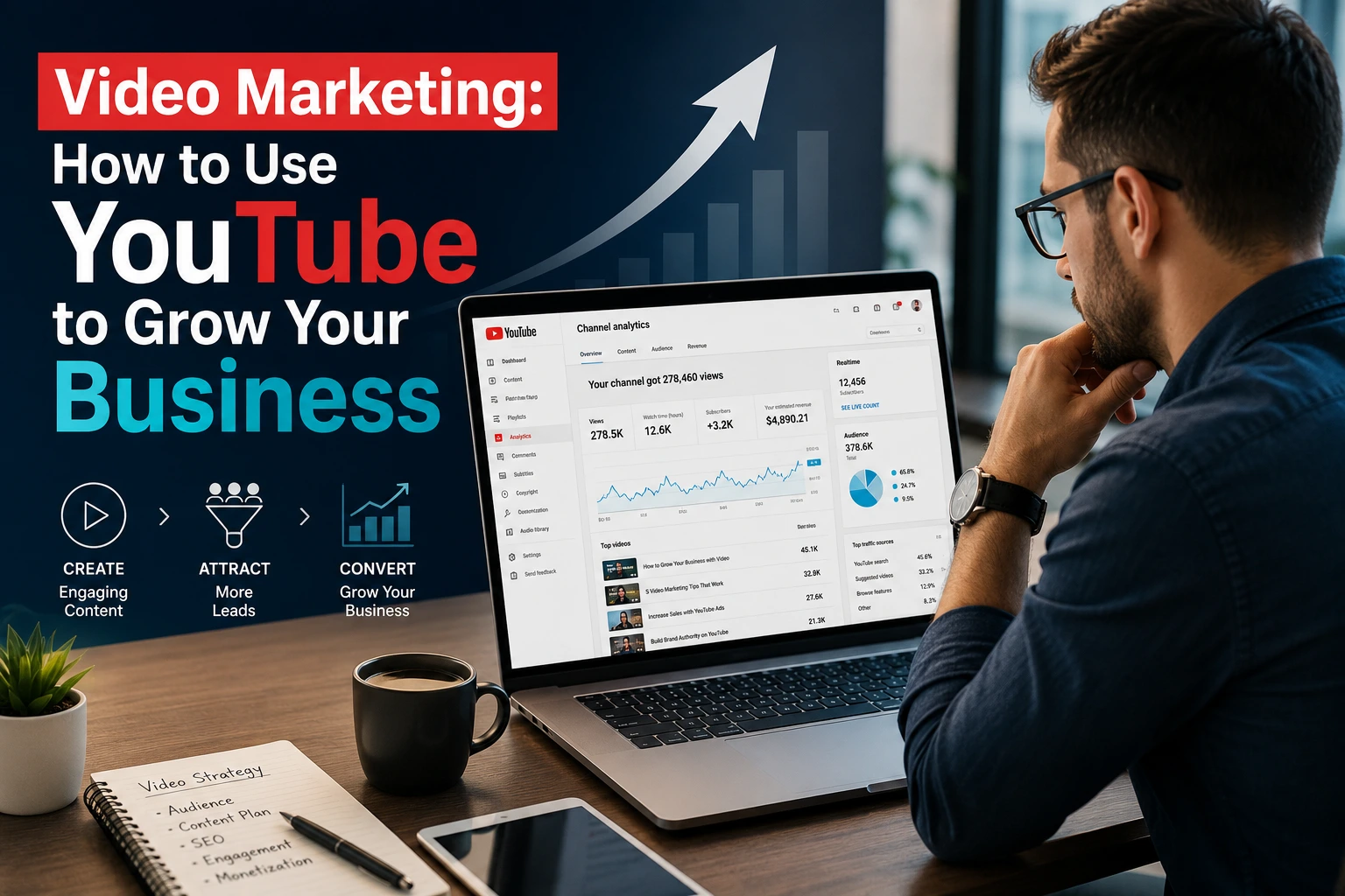 Video marketing for business concept showing a professional reviewing YouTube analytics on a laptop with growth graphics and lead generation elements.