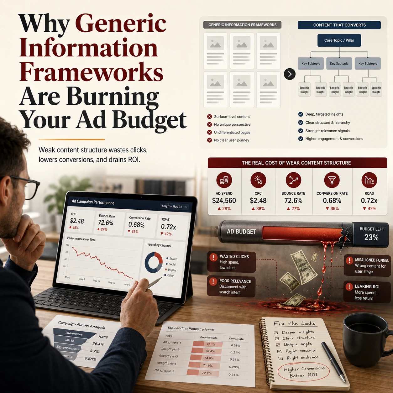 Content Marketing Strategy 2026 image showing how generic information frameworks waste ad budget through poor content structure, low conversions, high CPC, and leaking ROI.