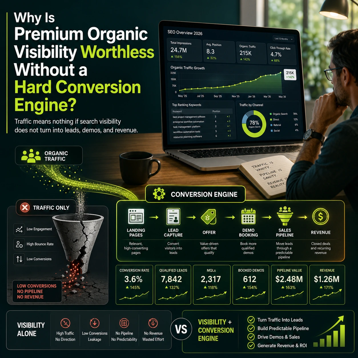 Content Marketing Strategy 2026 image showing organic visibility flowing into a conversion engine that turns traffic into leads, demos, pipeline value, and revenue.