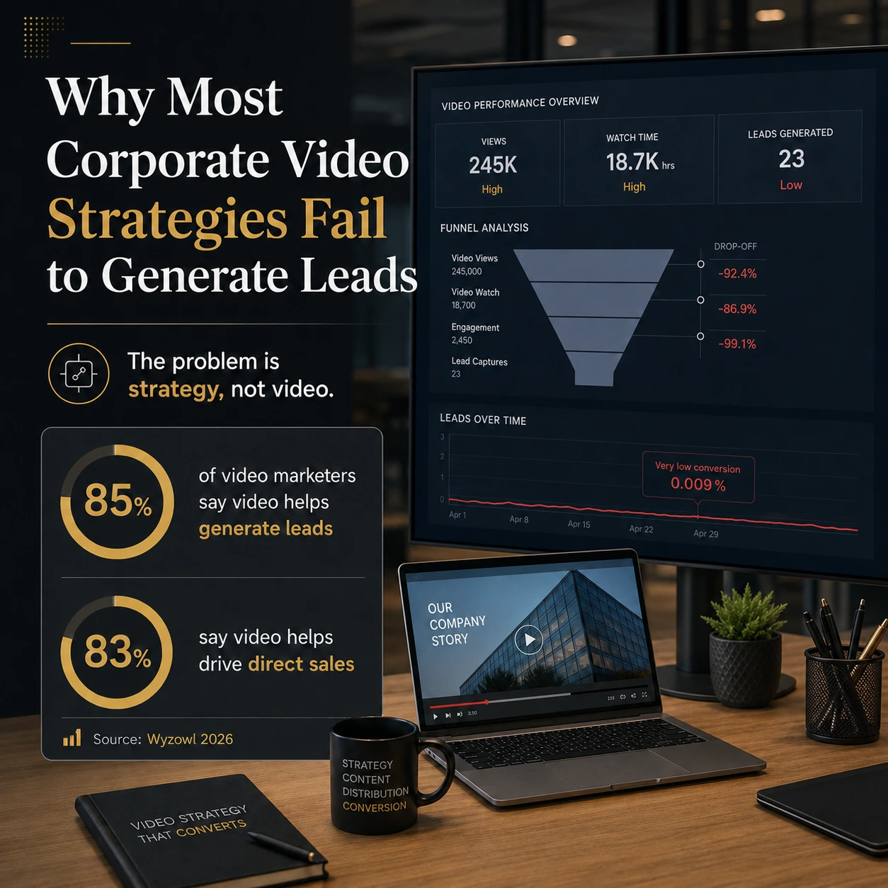 YouTube marketing for business infographic showing 85% of video marketers generate leads and 83% drive direct sales through video.