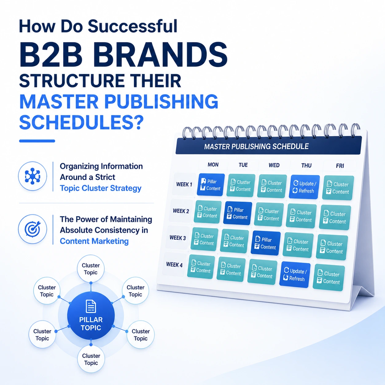 How often to post blogs for B2B brands showing a master publishing schedule, topic cluster strategy, and consistent content marketing workflow