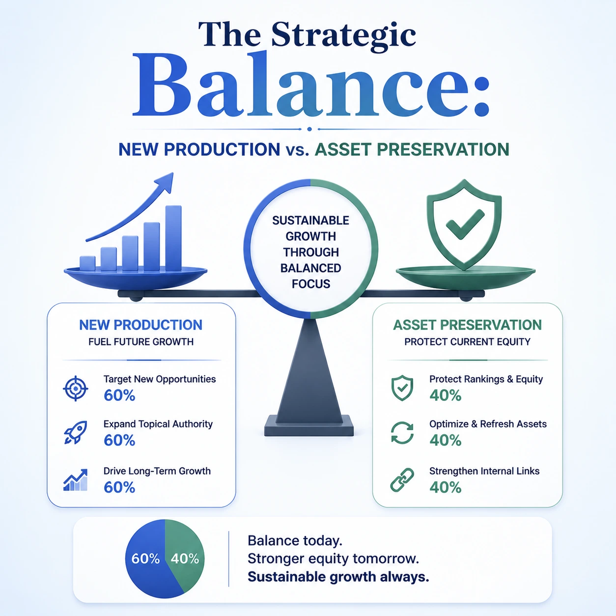 How often to post blogs strategy showing the balance between new content production and asset preservation for sustainable SEO growth