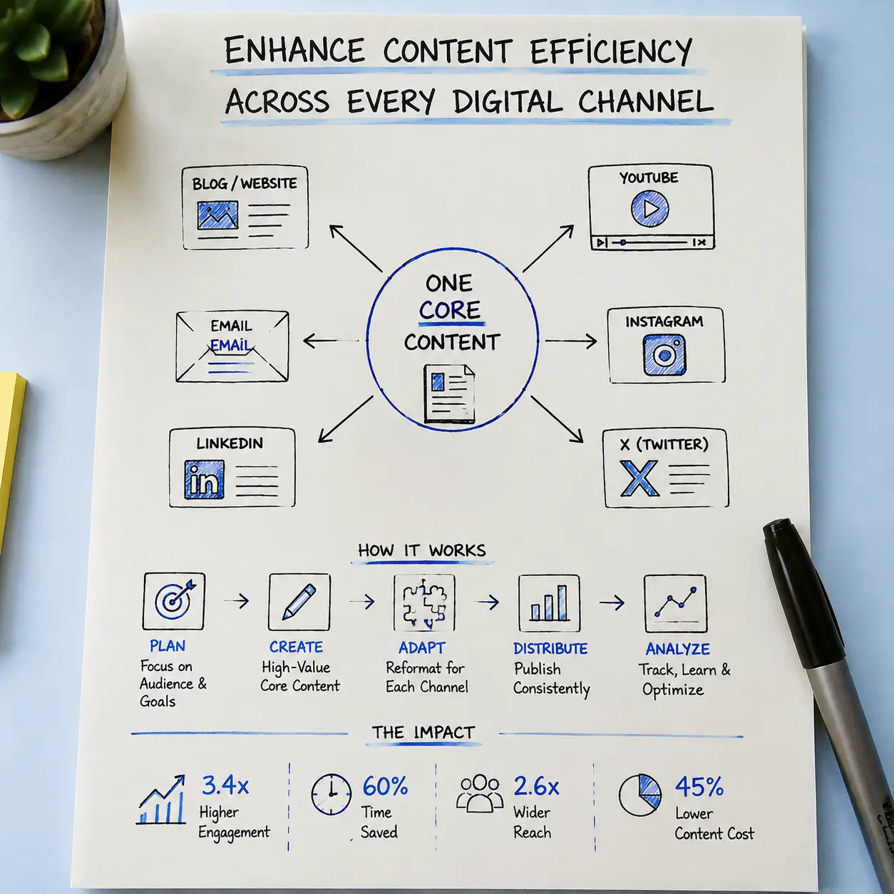 Short-form vs long-form content strategy showing how one core content asset is adapted across website, email, LinkedIn, YouTube, Instagram, and social channels