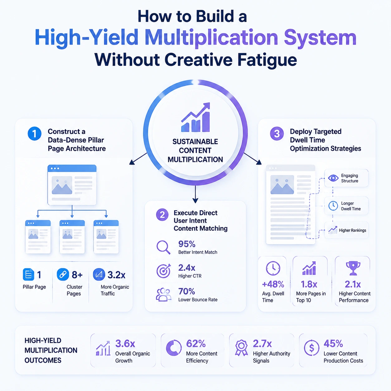 Short-form vs long-form content strategy showing a high-yield content multiplication system with pillar pages, user intent matching, and dwell time optimization metrics