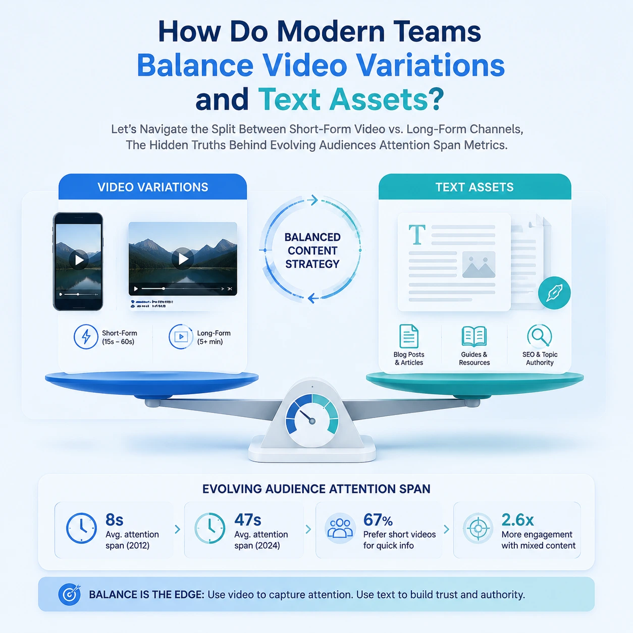 Short-form vs long-form content strategy showing how modern teams balance video variations, text assets, audience attention span metrics, and content performance