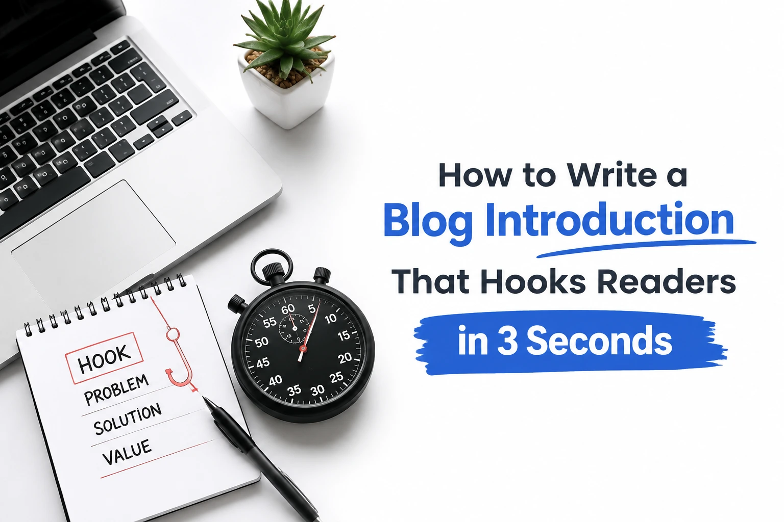 How to write a blog introduction that hooks readers in 3 seconds with a laptop, notebook, stopwatch, and content writing strategy elements on a white and blue workspace.