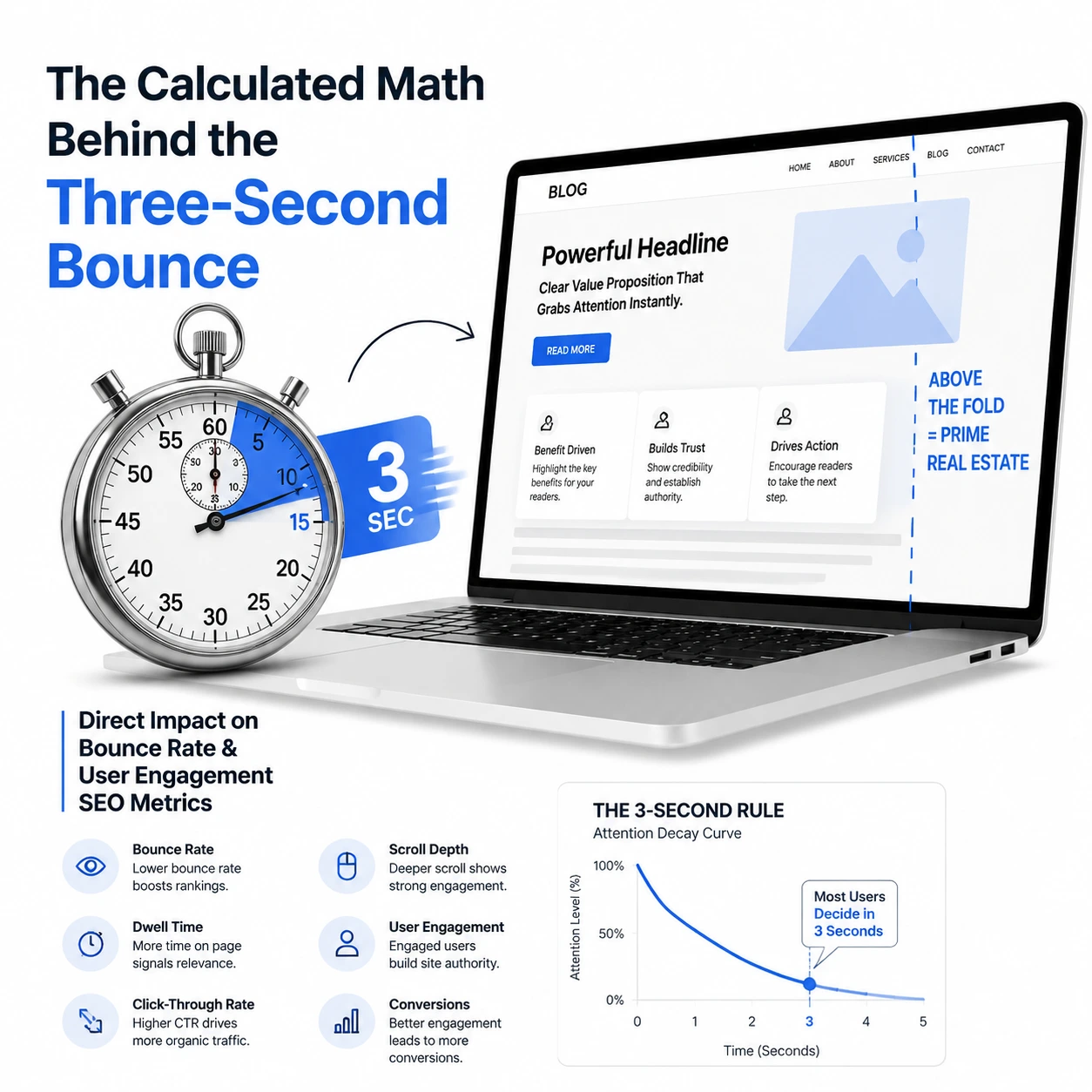 The calculated math behind the three-second bounce rate showing a stopwatch, website above-the-fold optimization, SEO engagement metrics, and user attention decay analysis.