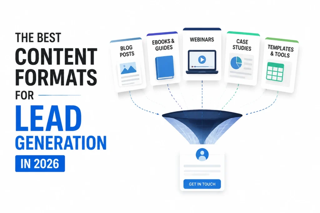 The best content formats for lead generation in 2026 showing blog posts, ebooks, webinars, case studies, templates, and a marketing funnel converting content into leads.